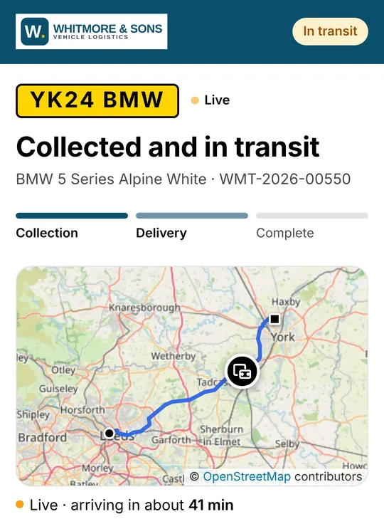 Customer tracking page in the operator's branding with a live map of the route and an arrival estimate