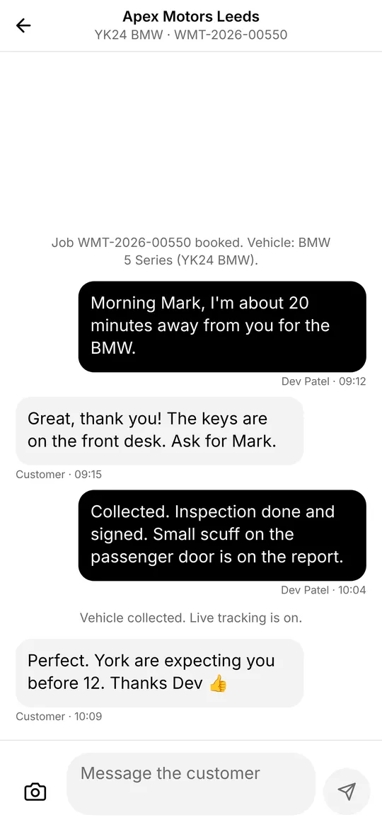 Chat between the driver and the customer on a job