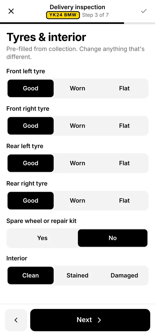 Tyres and interior checks with Good, Worn and Flat options