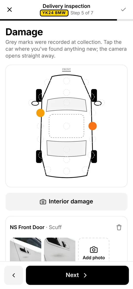 Vehicle damage diagram with two marked areas and a damage report with photos