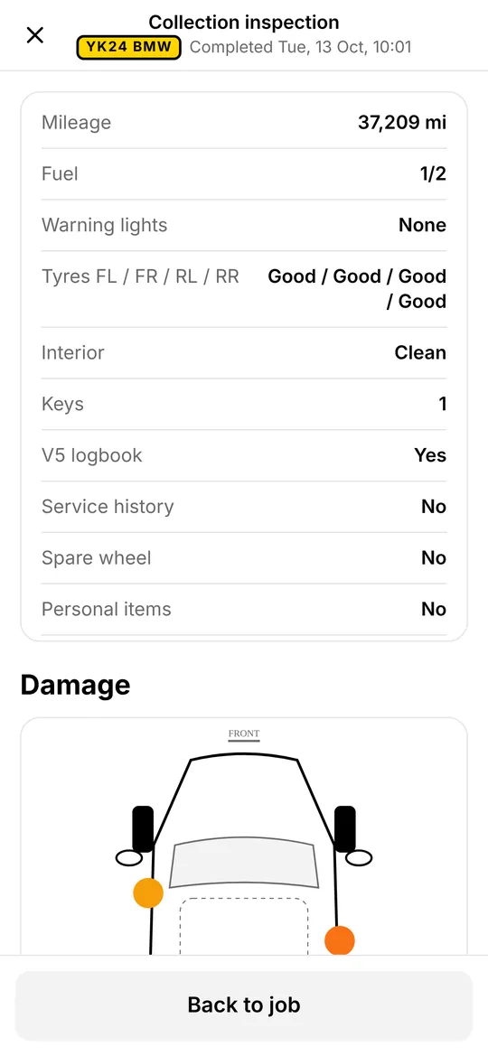 Completed collection inspection report in the driver app