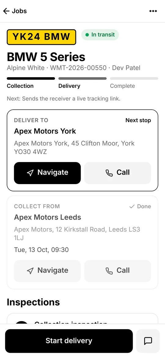 Relocar Driver app job screen for a BMW 5 Series in transit, with Navigate, Call and a Start delivery button