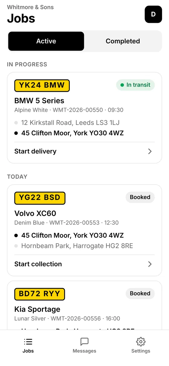 Relocar Driver app jobs list showing today's collections and deliveries