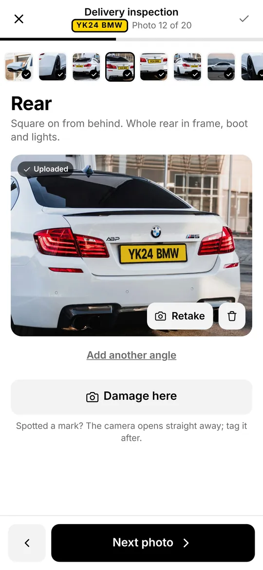 Guided photo step in the driver app: the rear of a white BMW, photo 12 of 20, uploaded