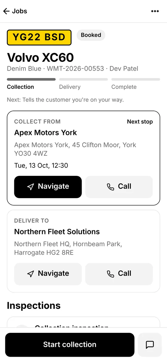 Driver app job screen with a Start collection button