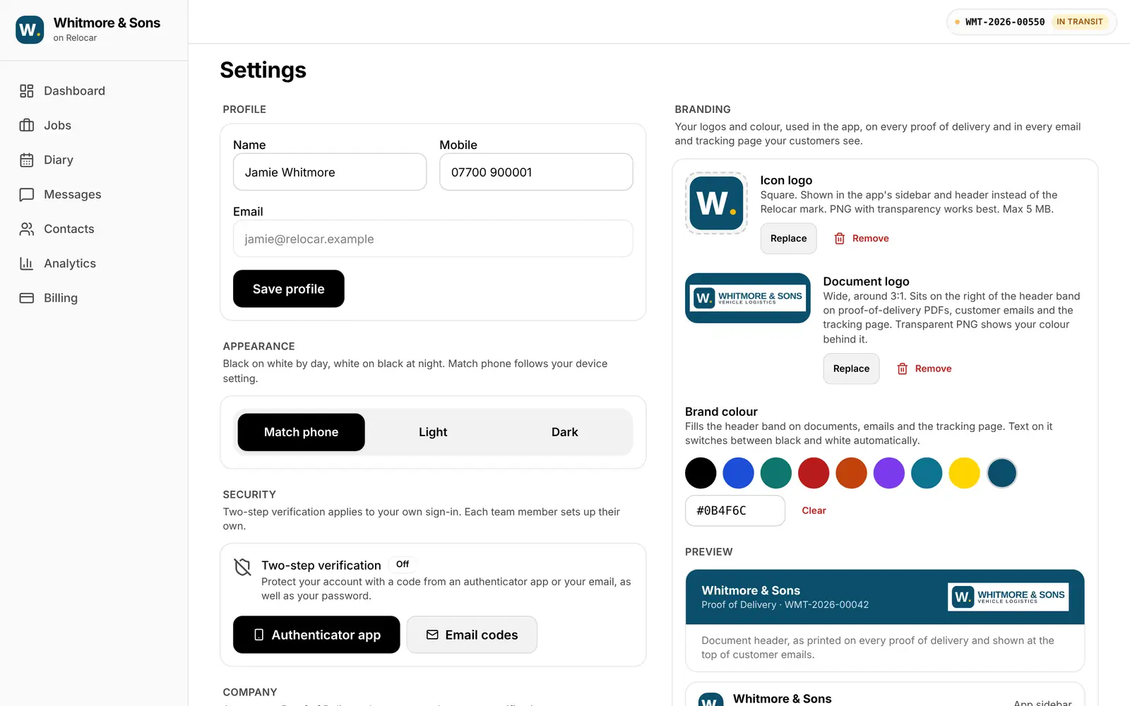Settings with branding logos, brand colour and a preview of the proof of delivery header