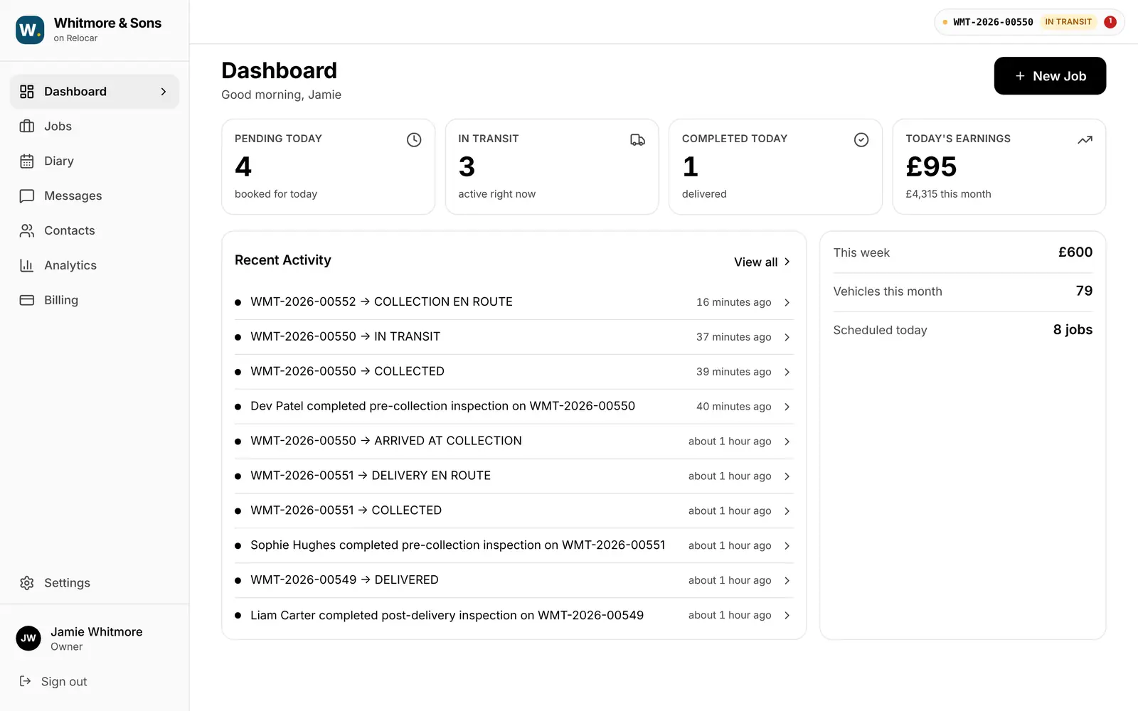Relocar operator dashboard with jobs pending, in transit, completed and today's earnings