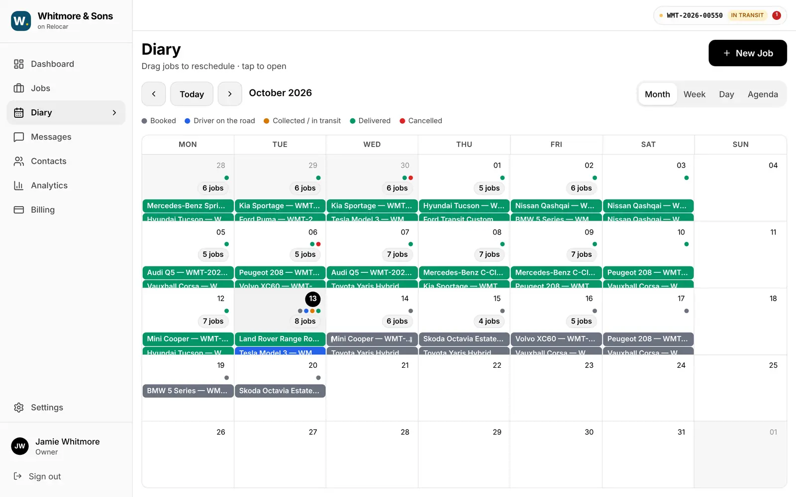 Diary month view with jobs coloured by status