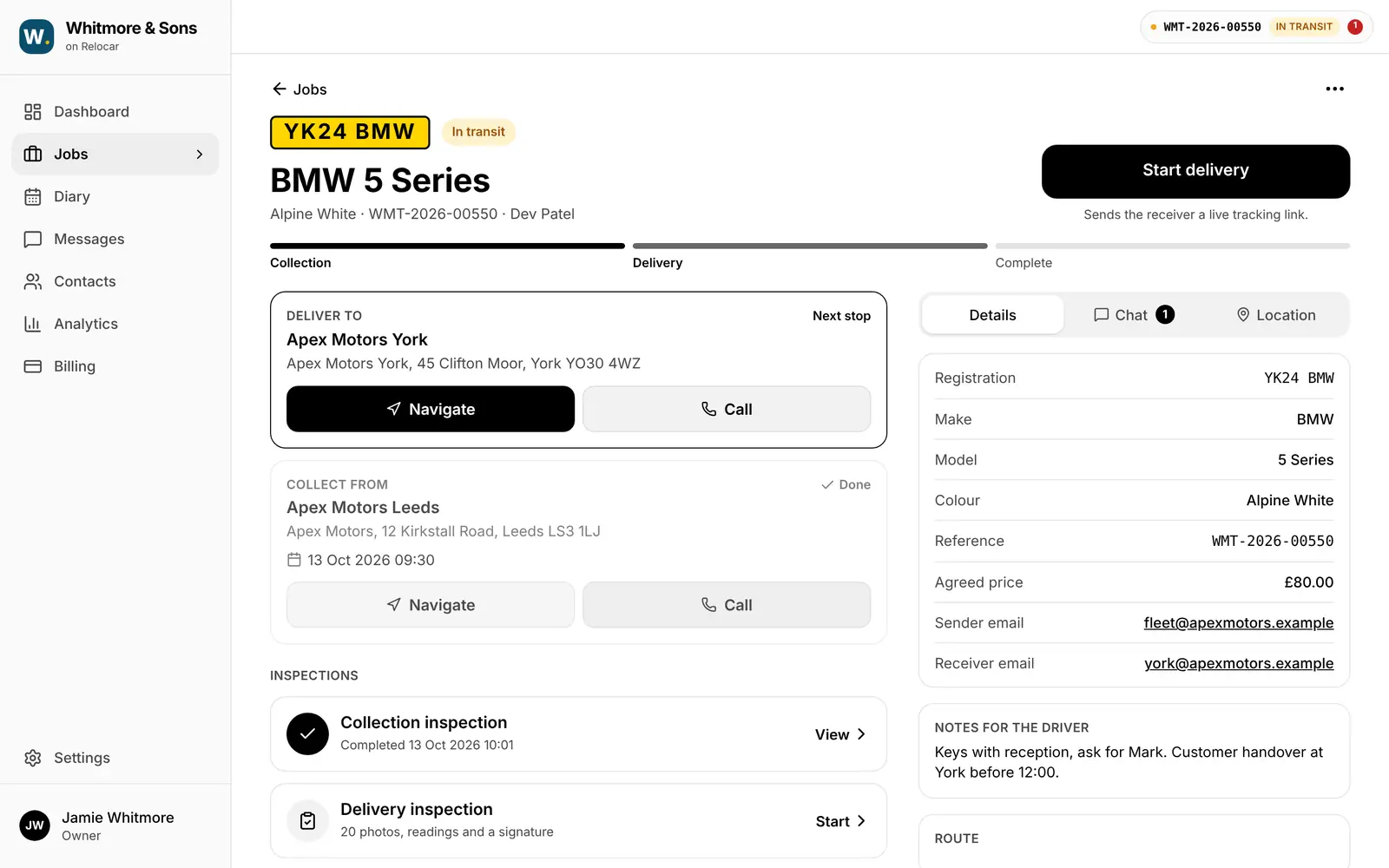Job page for a BMW 5 Series in transit, with delivery and collection details, inspections and vehicle details